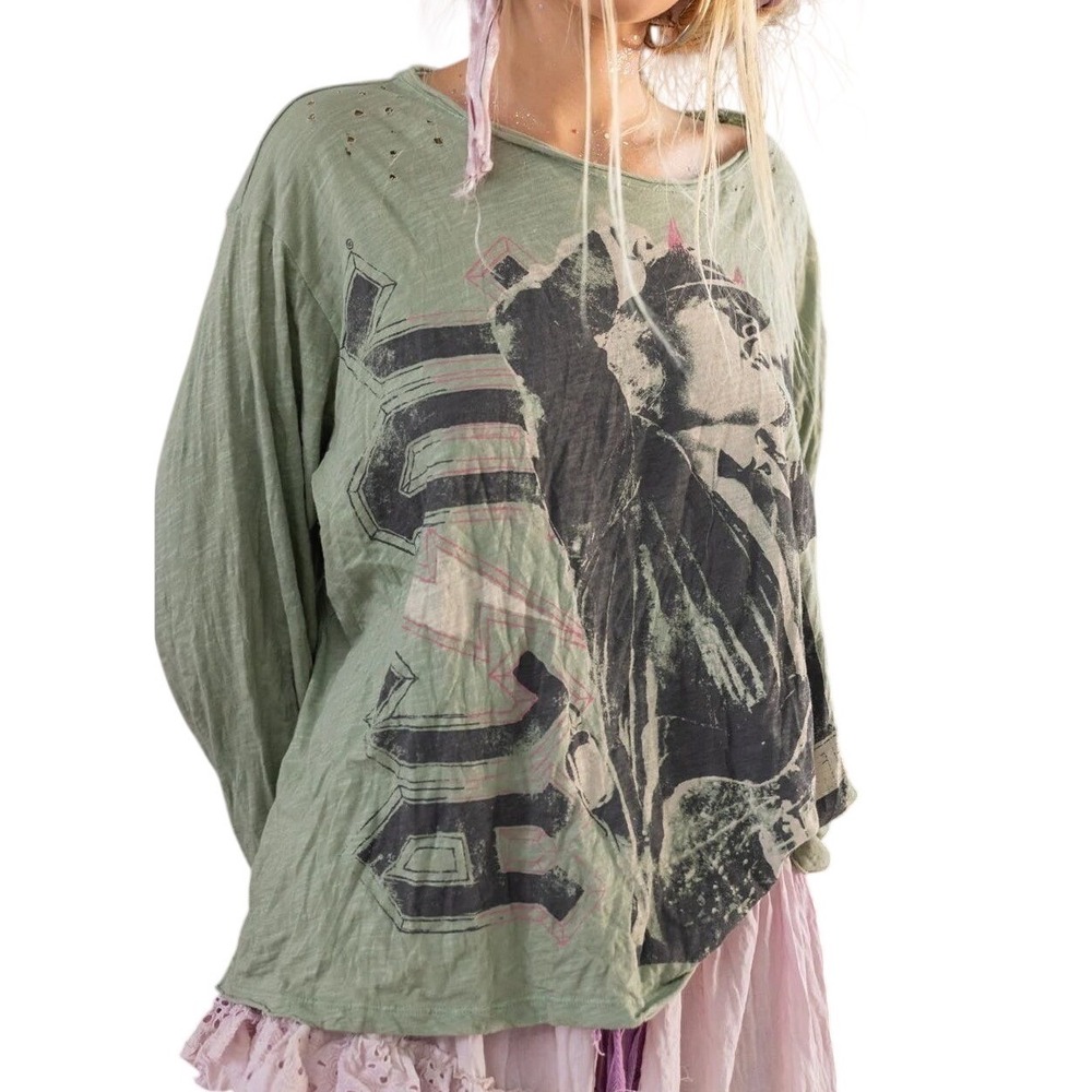 Magnolia Pearl ACDC Rock N' Roll Long Sleeve Green Pullover Tee Distressed NWT